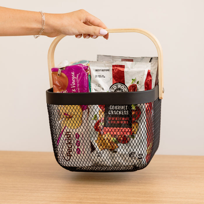 Black Small Handy Storage Basket with Wooden Handle. mesh basket to see contents. great for kitchen, bathroom laundry and more. organise any room of your home with little label co