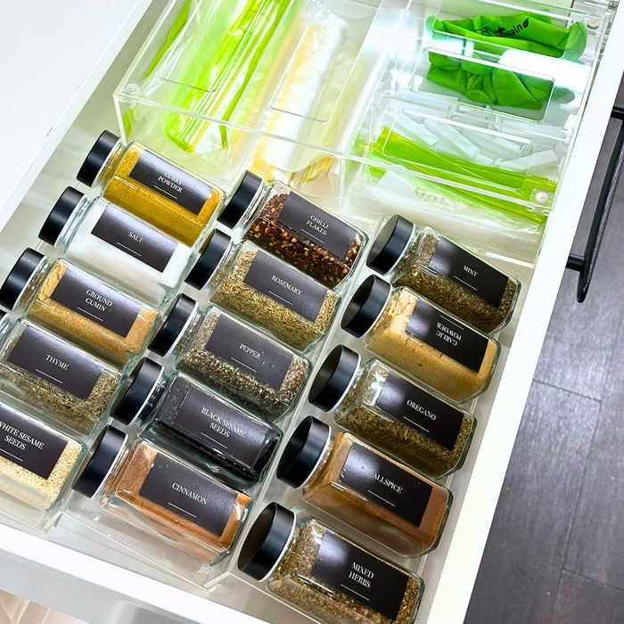 Spice Jar Shaker Pack with Acrylic Herb & Spice Drawer Organisers