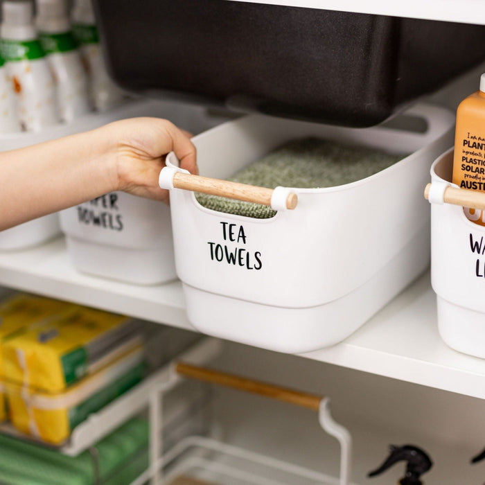 Large White Storage Tub with Wooden Handle