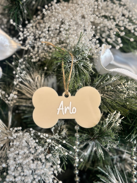 Personalised Christmas Dog Bone Acrylic Baubles Beige (with label)