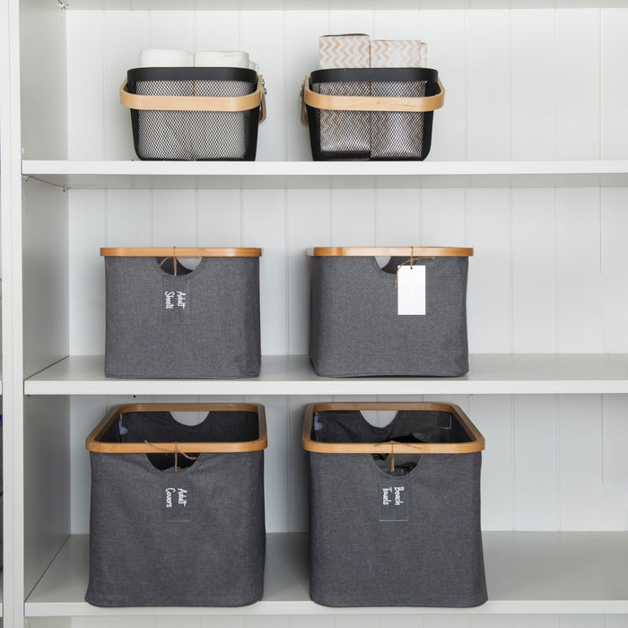 Dark Grey Linen Storage Basket and Black Mesh Handy Basket - 6 Set