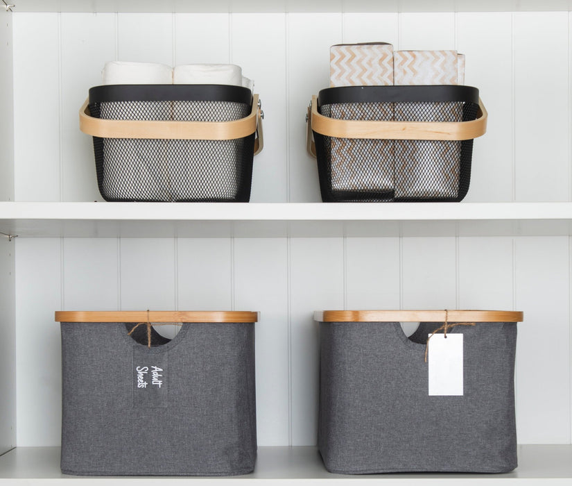 Dark Grey Linen Storage Basket and Black Mesh Handy Basket - 6 Set