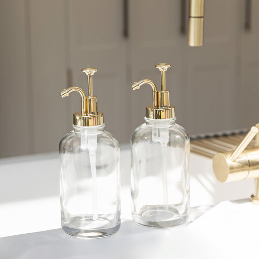 500ml Clear Glass Pump Bottle with Gold Pump Add a touch of elegance to your kitchen, laundry or bathroom with this beautiful glass pump bottle featuring a gold pump.&nbsp;