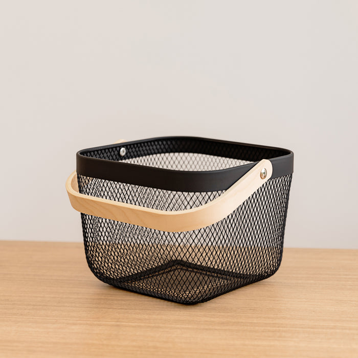 Black Small Handy Storage Basket with Wooden Handle. mesh basket to see contents. great for kitchen, bathroom laundry and more. organise any room of your home with little label co