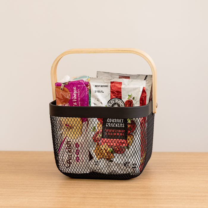 Black Small Handy Storage Basket with Wooden Handle