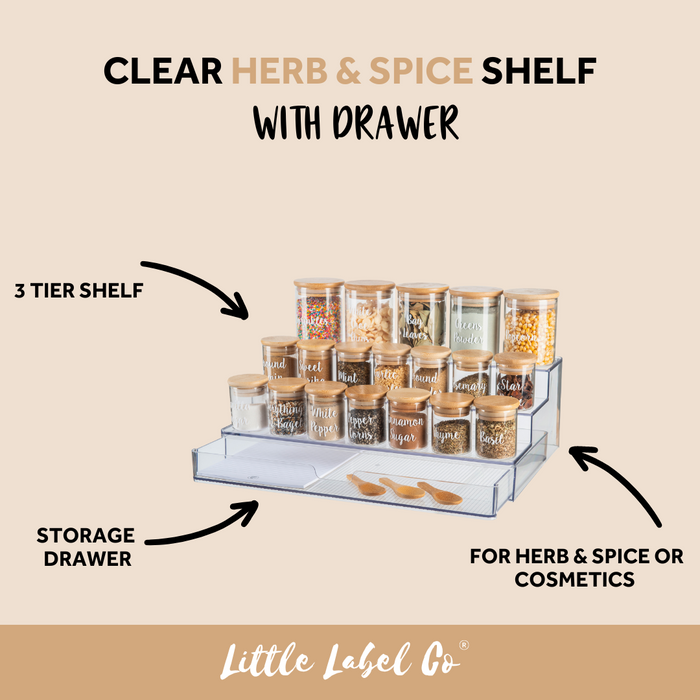 Clear herb & spice shelf. Spice rack for pantry organisation. 