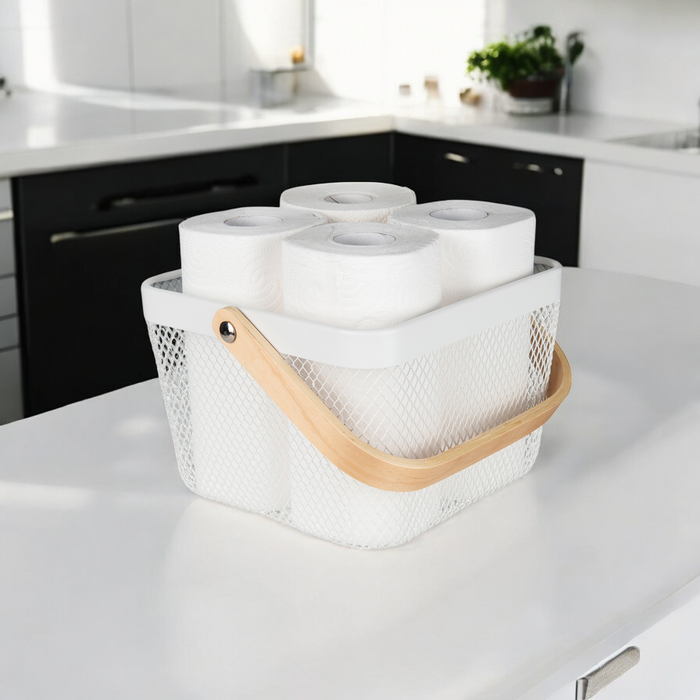 White Small Handy Storage Basket with Wooden Handle