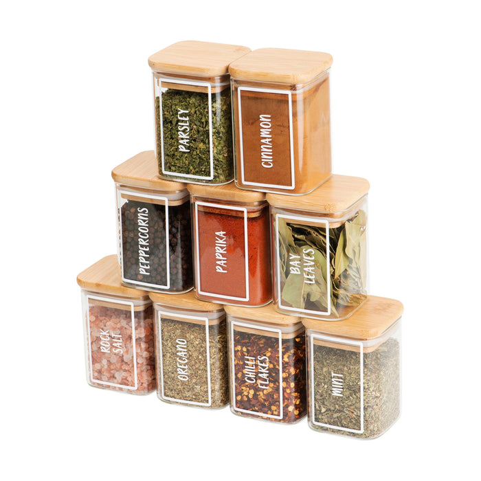 ChasingUtopianGoods Spice Jars Airtight Bamboo with Square Glass Lids Set  of 6