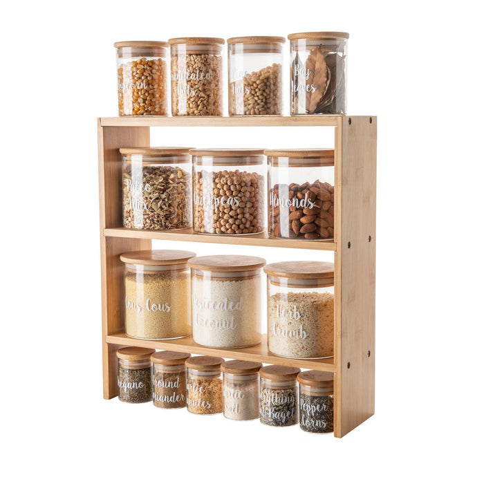 3 Tier Stackable Spice Holder Storage Rack with 18 Glass Empty Jars & 48  Labels
